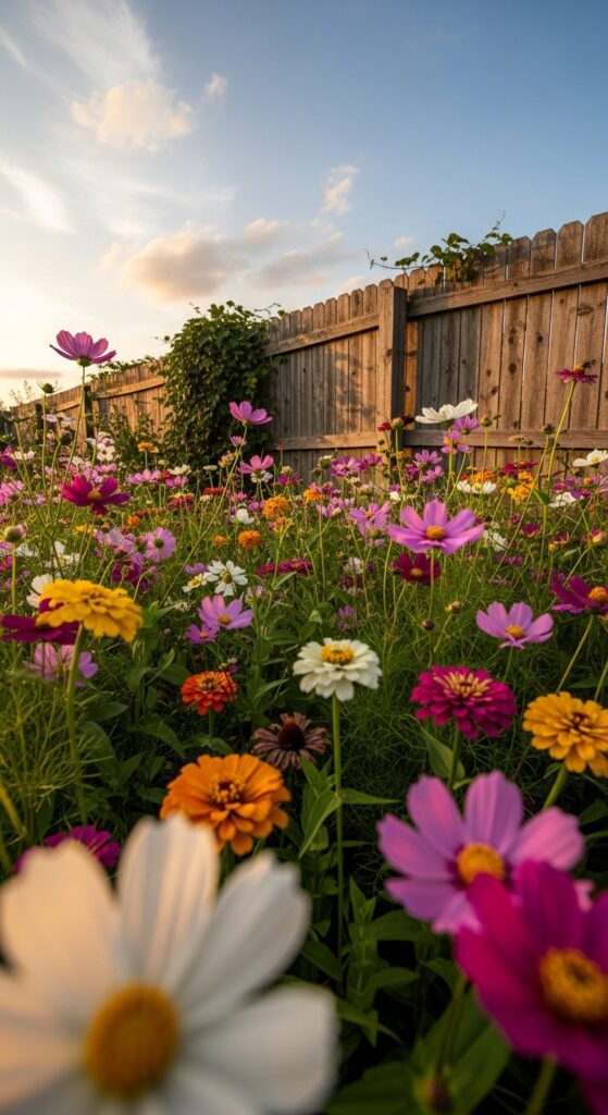 Mixed wildflowers including cosmos, zinnias, and bachelor buttons creating casual cottage garden style