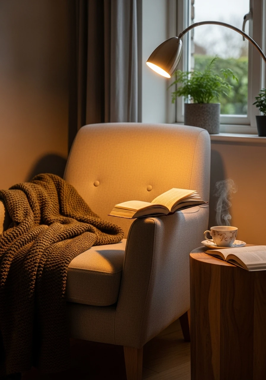Cozy corner reading retreat in living room with chair and lamp