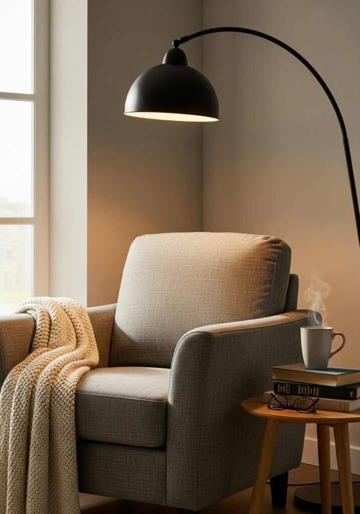Cozy reading nook with armchair and lamp in living room corner