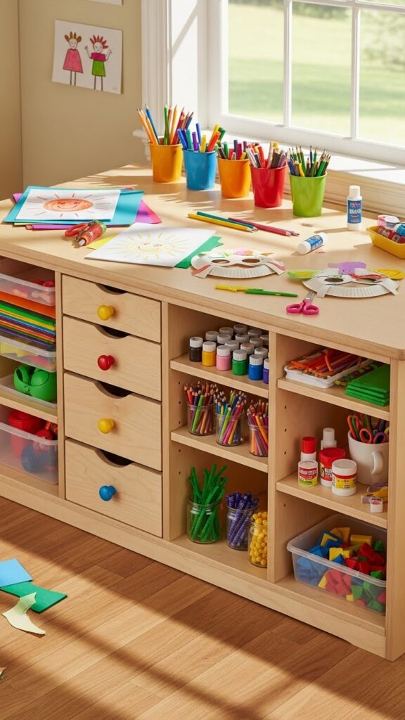 Kids craft table with built-in storage for art supplies