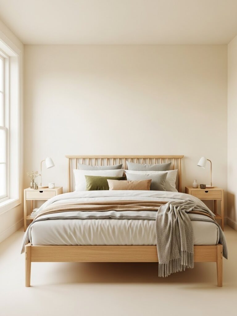 Cream and light wood bedroom palette inspired by modern Scandinavian interiors