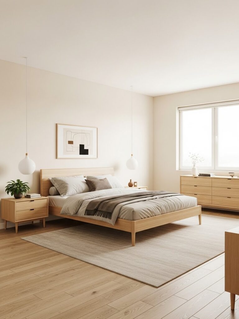 Cream and light wood modern bedroom color palette with a bright full room view