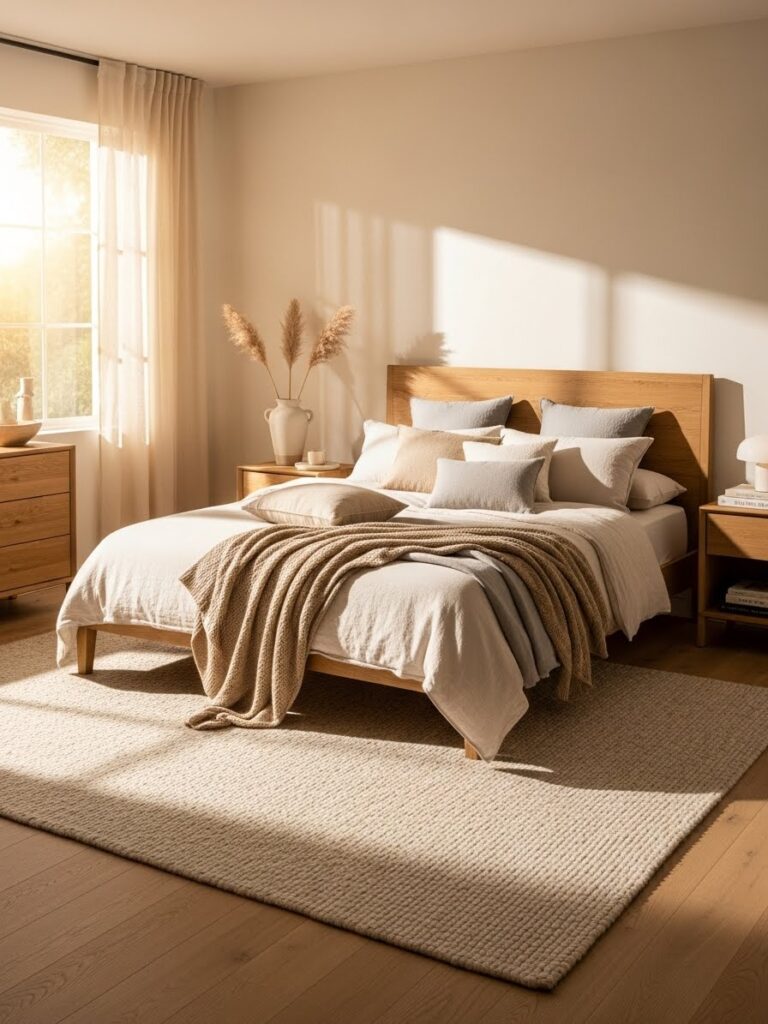Cream and natural wood bedroom with warm cozy aesthetic