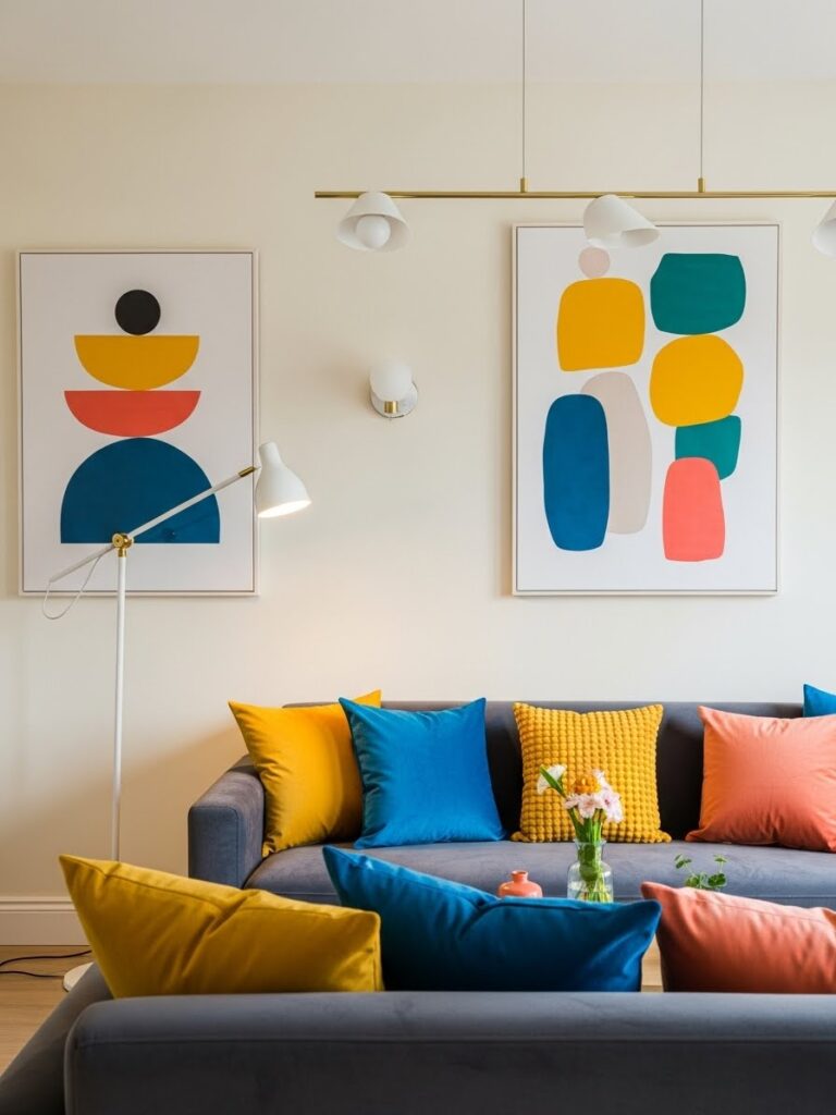 Cream and soft charcoal bedroom with bold colorful accents