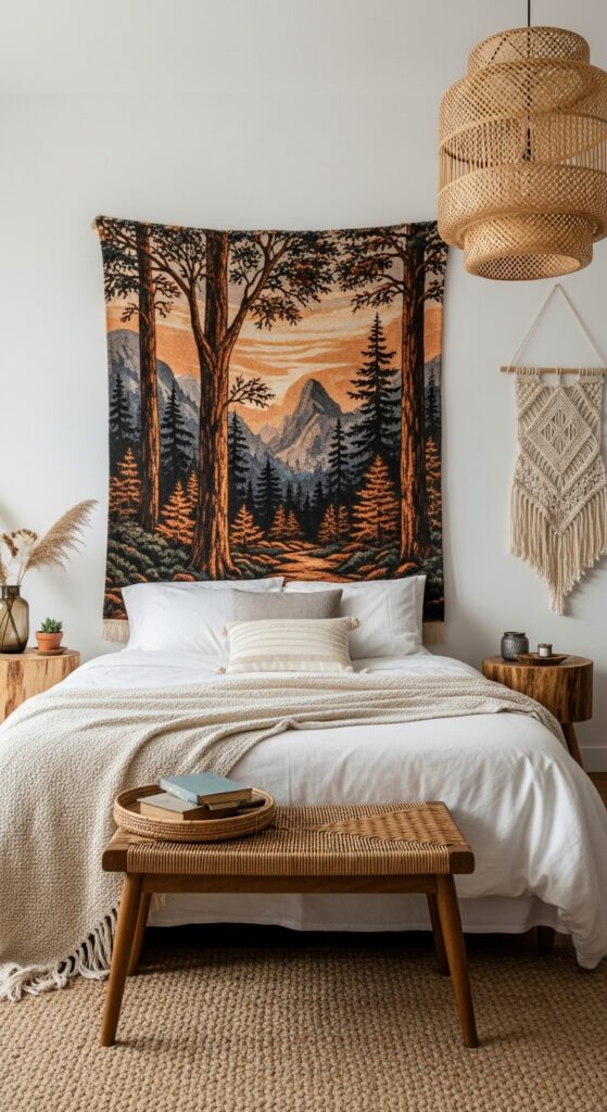 Bedroom with creative headboard alternative using large-scale artwork instead of traditional headboard