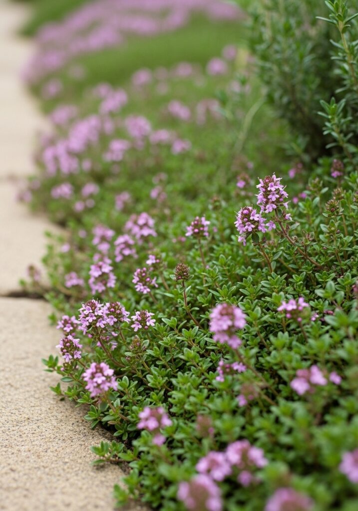 Creeping thyme creating fragrant flowering living border along garden edge