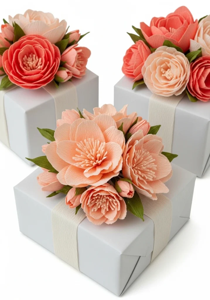 Coral and peach crepe paper flowers decorating wrapped gift boxes