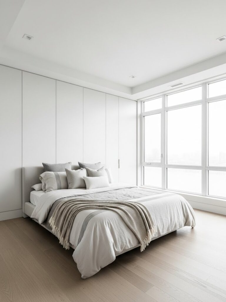 Modern white bedroom with crisp white walls and a clean, polished look