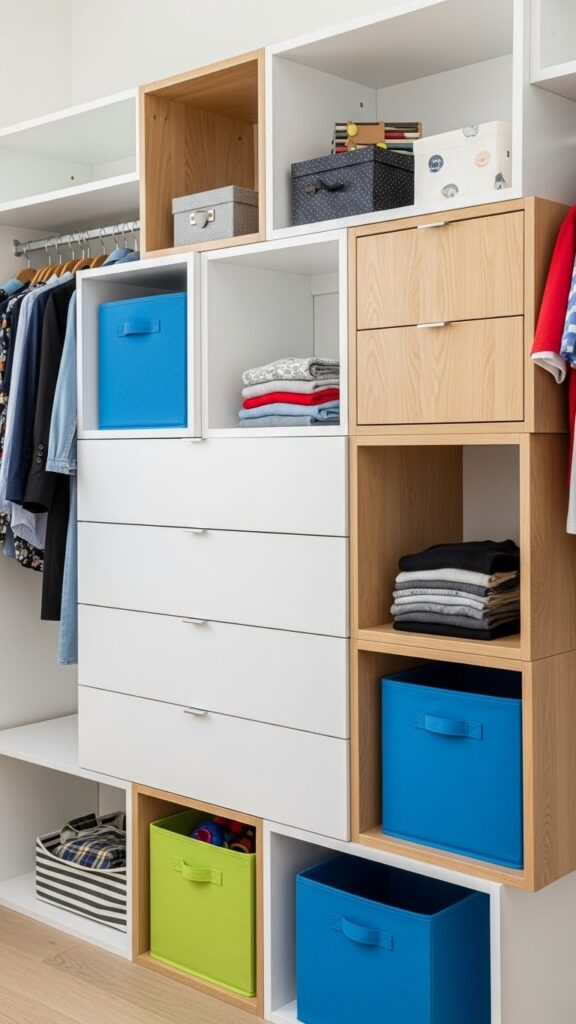 Stackable cube storage system providing flexible modular organization in kids closet