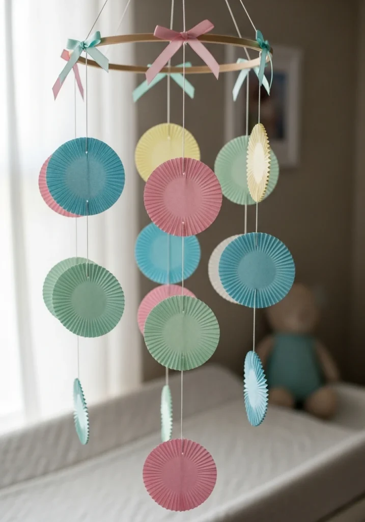Pastel cupcake liner flowers on hanging mobile above nursery changing table