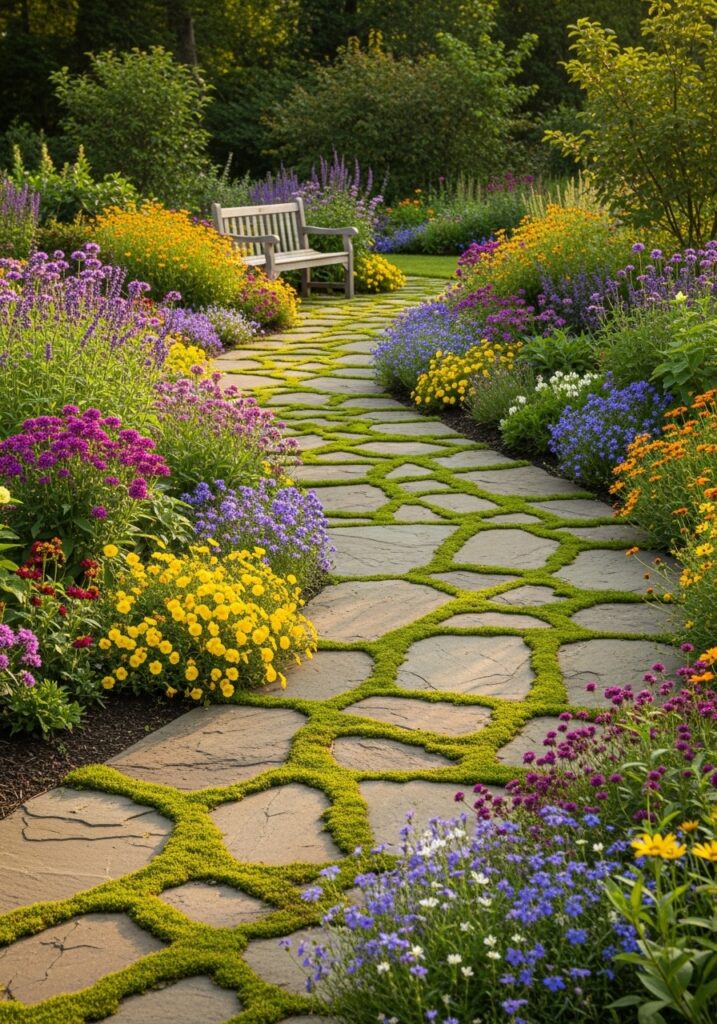 Curved natural stone pathway winding through colorful flower beds in backyard garden