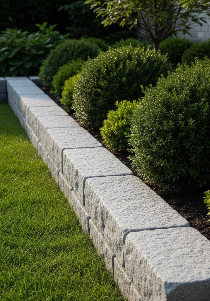 Precisely cut ashlar stone blocks creating formal architectural garden border