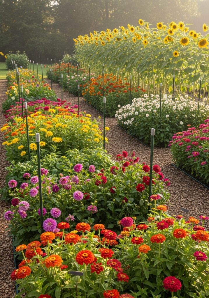 Cutting garden design with organized rows of zinnias, dahlias, and sunflowers