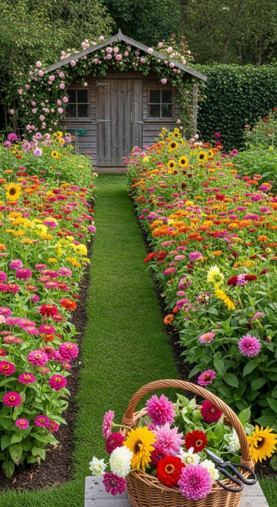  Dedicated cutting garden with rows of colorful zinnias, dahlias, and sunflowers for fresh bouquets