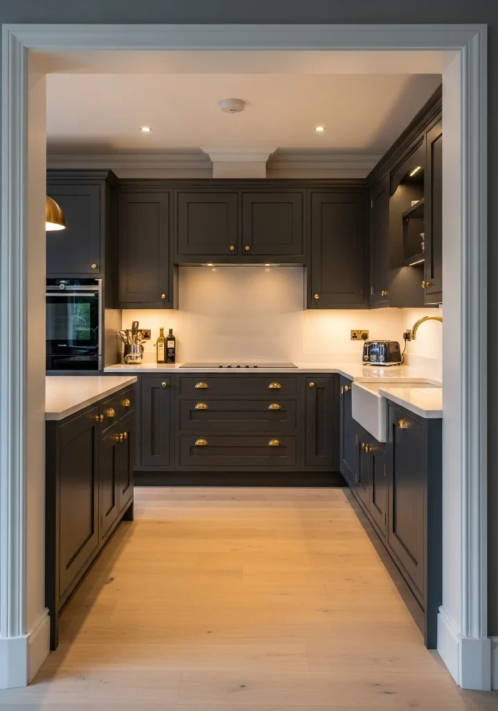 Modern kitchen with dramatic dark charcoal gray cabinets and brass hardware