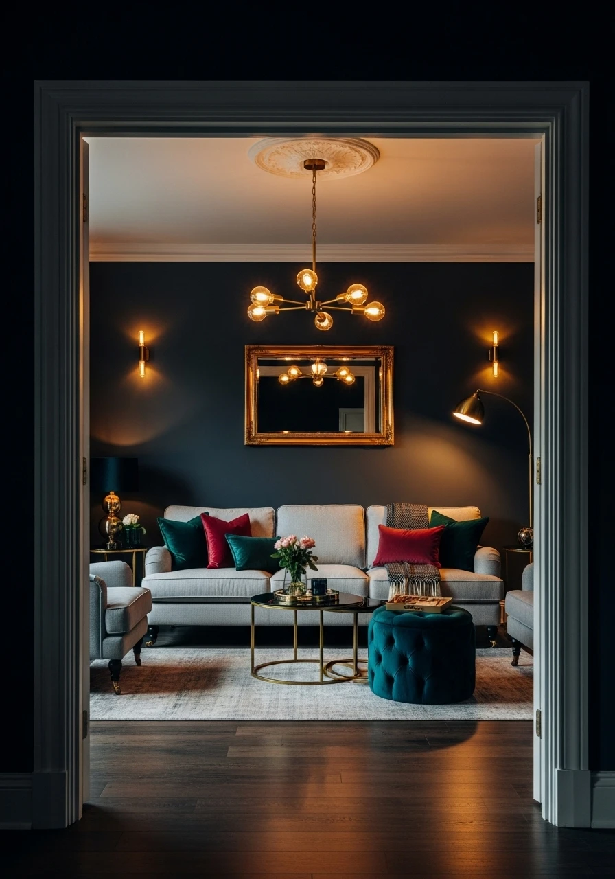 Dark dramatic living room with deep wall color and luxe accents