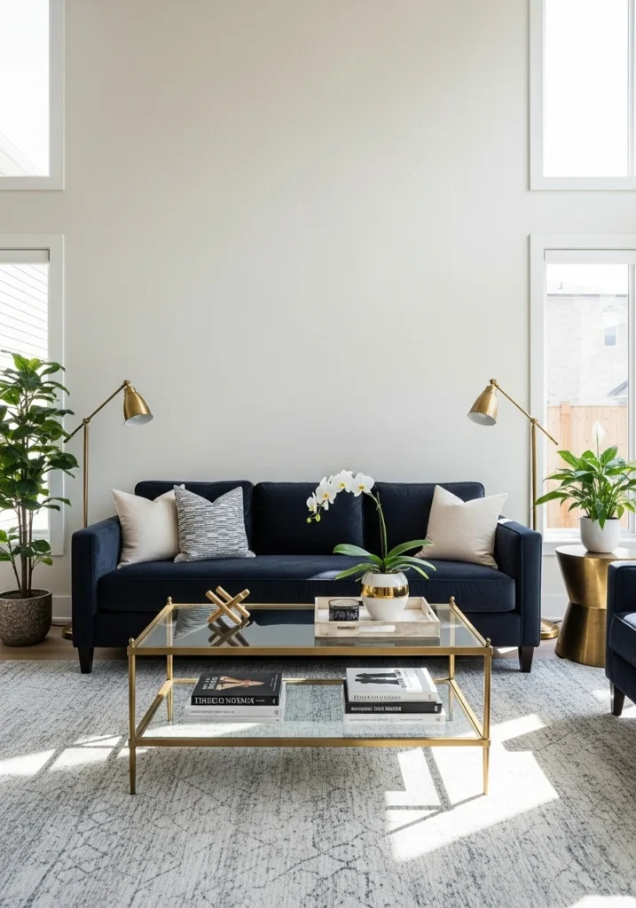Dark navy sofa creating contrast against light living room walls
