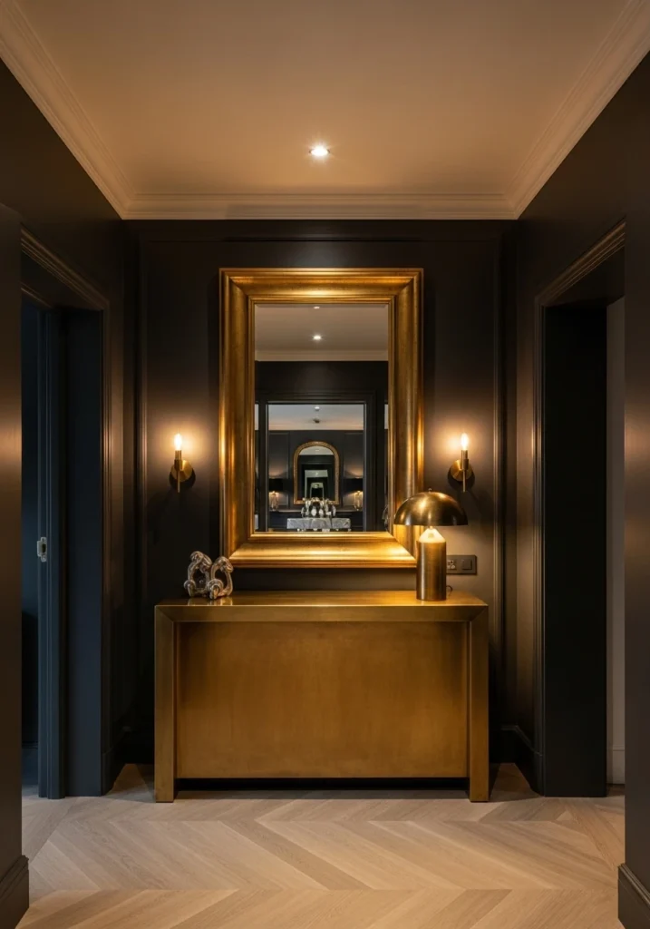 Text: Dark moody entryway with charcoal walls and brass accents