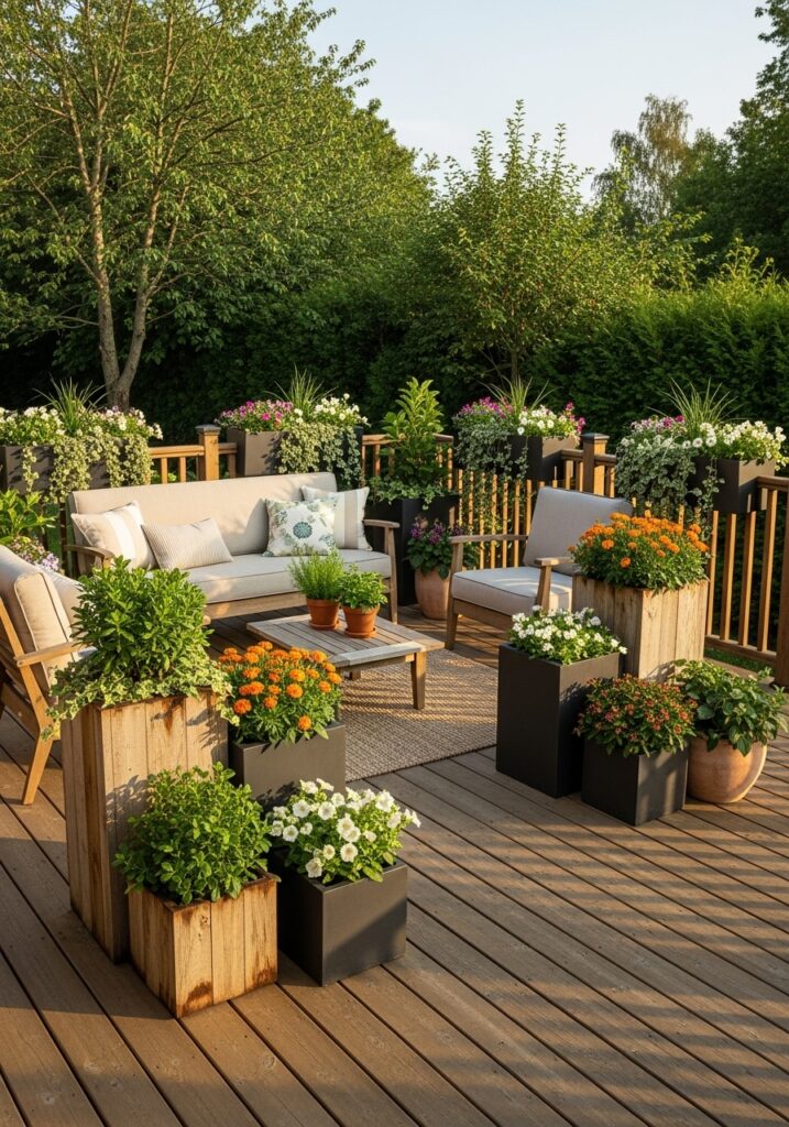 Deck container garden with varied heights and railing planters


