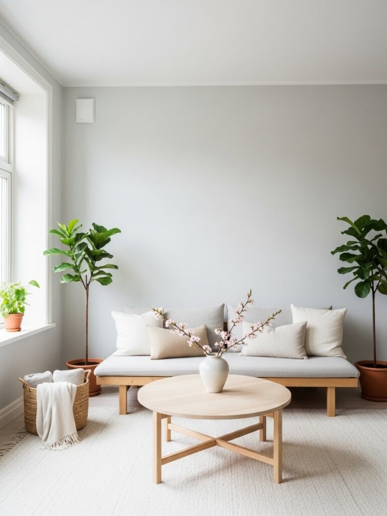 Decluttered living room creating a calm spring home feel
