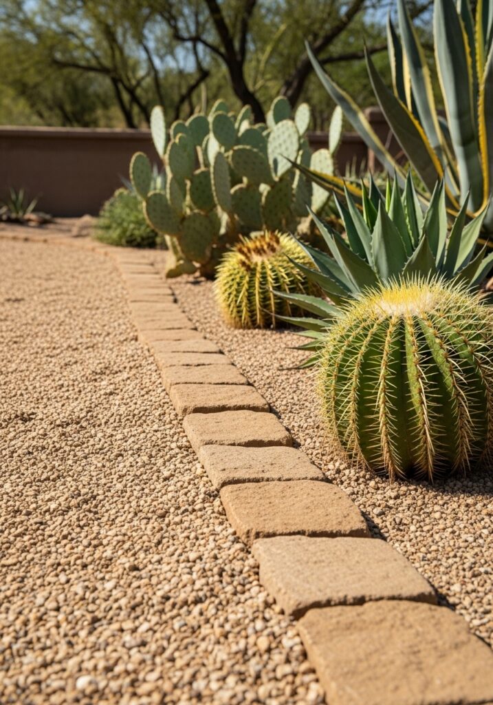 Decomposed granite creating natural compacted border for southwestern garden