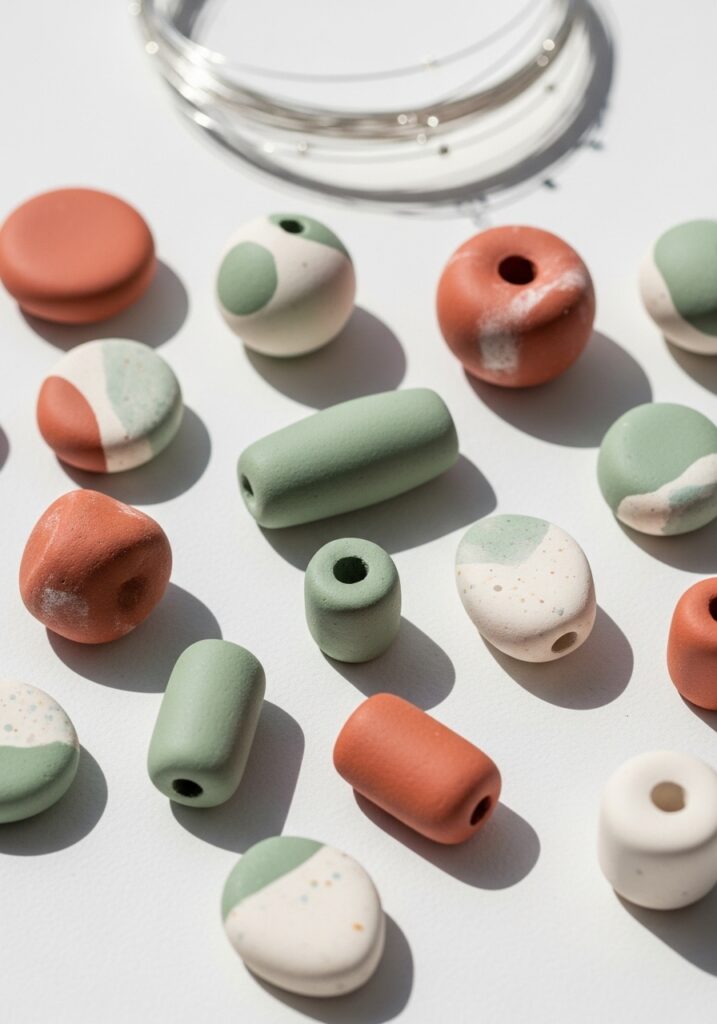 Collection of handmade air dry clay beads in various shapes and colors for jewelry