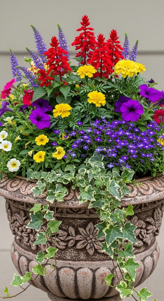 Large decorative container with professional mixed planting of annuals and trailing plants