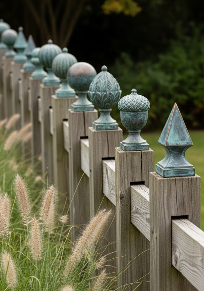 Decorative metal finials in sphere and acorn shapes topping fence posts with weathered bronze finish