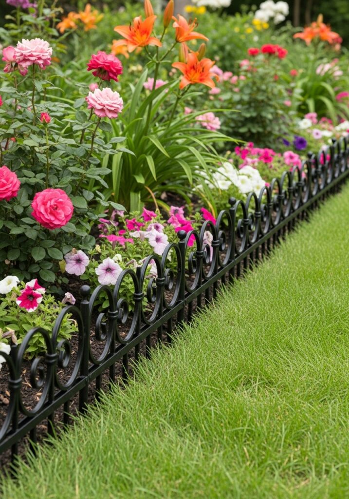 Ornate black metal border edging with scrollwork design creating clean garden bed separation