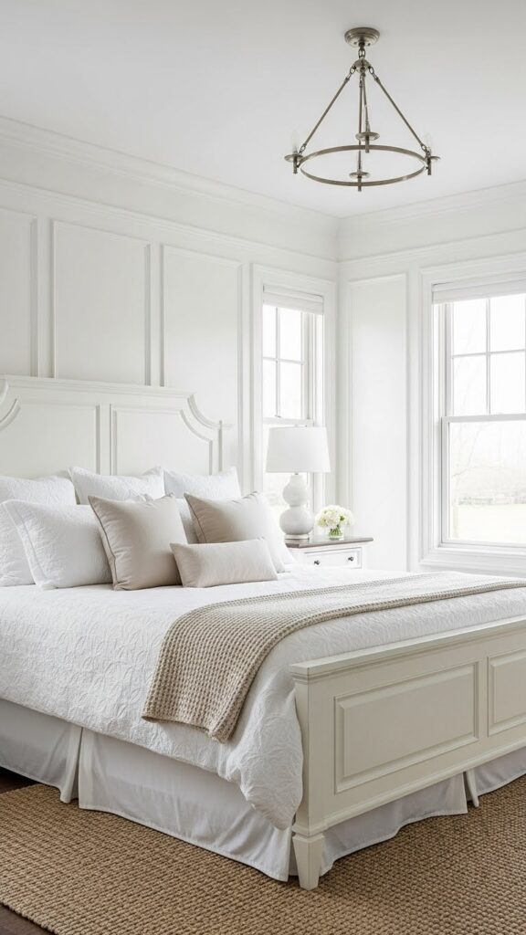Classic bedroom with Decorator's White paint showing versatile barely-there warm undertones and timeless appeal