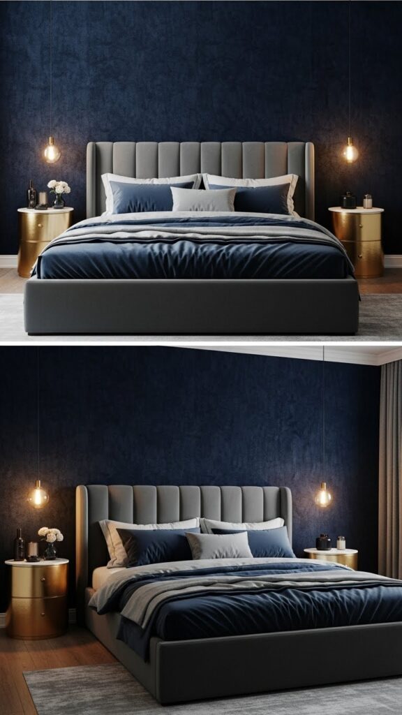 Deep navy velvet texture accent wall in moody boutique-style bedroom