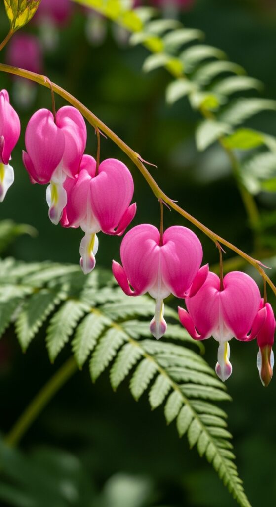 Pink and white heart-shaped bleeding heart blooms hanging from arching stems in shade garden