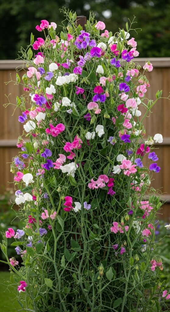 Sweet pea vines with pink, purple, and white blooms covering garden trellis