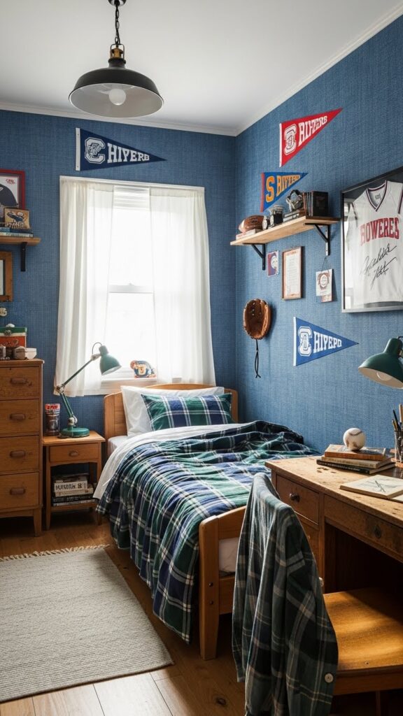 Denim blue fabric texture wallpaper in casual teen bedroom