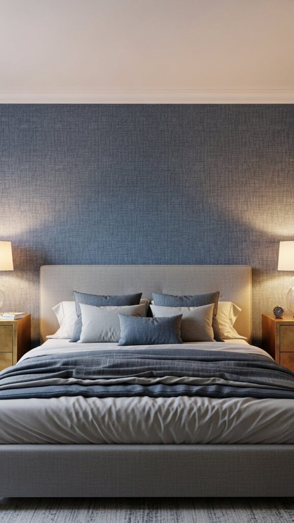 Denim blue linen texture accent wall in sophisticated masculine bedroom