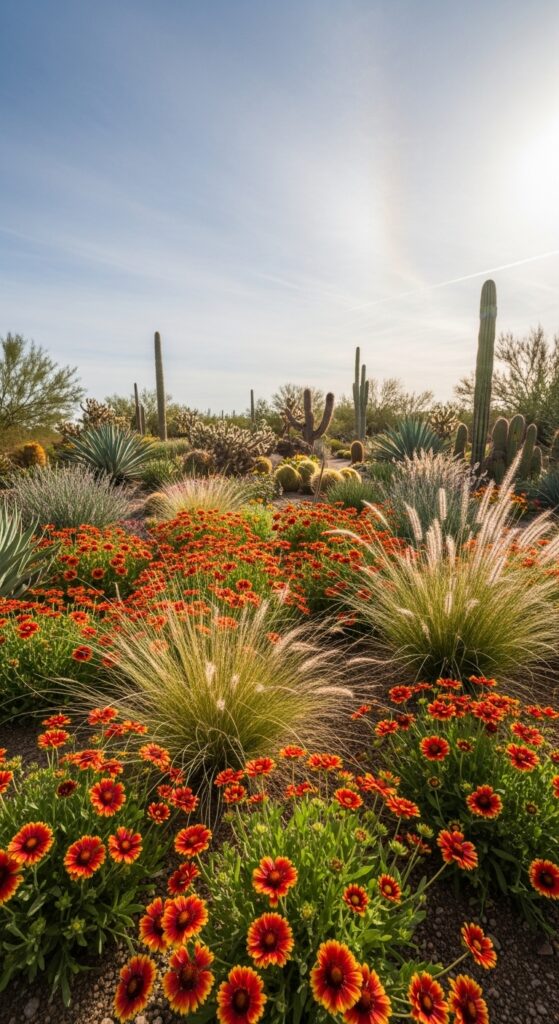  Red and yellow blanket flowers blooming across drought-tolerant garden with native grasses