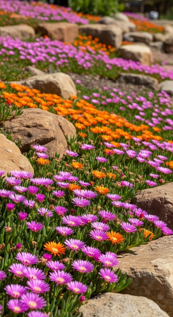 Bright pink and orange ice plant blooms covering slope with succulent foliage in desert garden