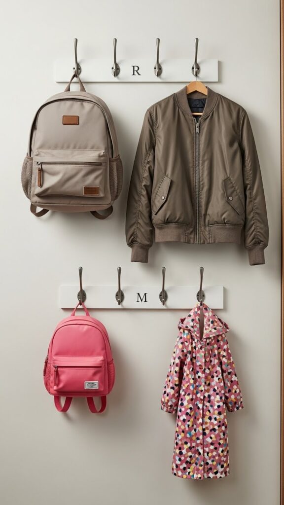 Hooks installed at two heights in shared closet allowing each sibling to reach their designated level