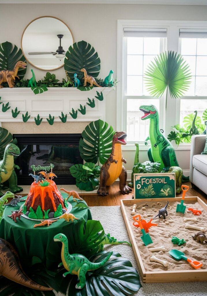 Dinosaur party baby shower with inflatable dinosaurs and prehistoric decorations