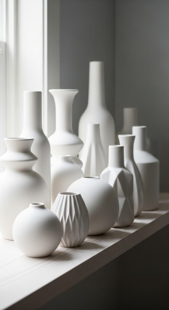 White ceramic vase collection styled together on single shelf creating cohesive display