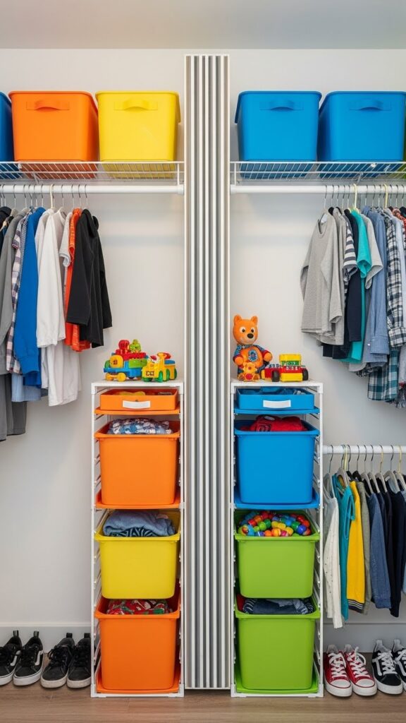 Shared kids closet divided into two equal halves with clear visual boundaries for fair sibling storage