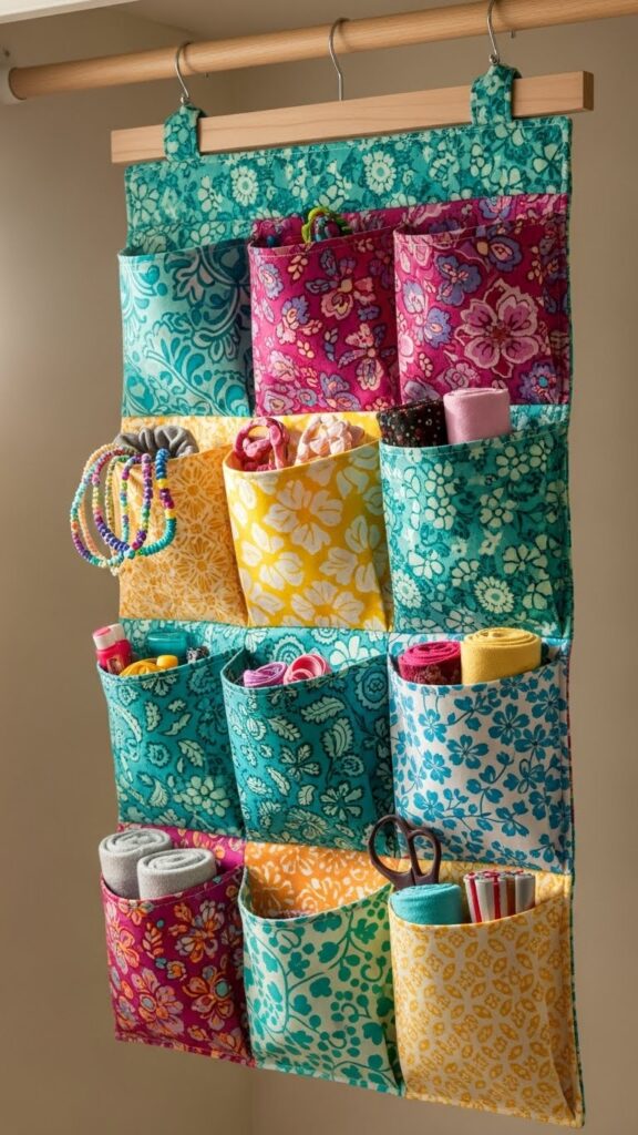 DIY fabric hanging organizer made from remnants as budget-friendly closet storage