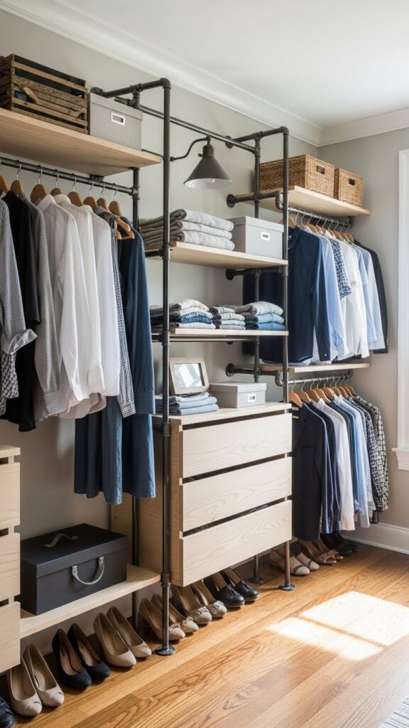 DIY pipe and wood modular closet system providing customizable industrial-style storage