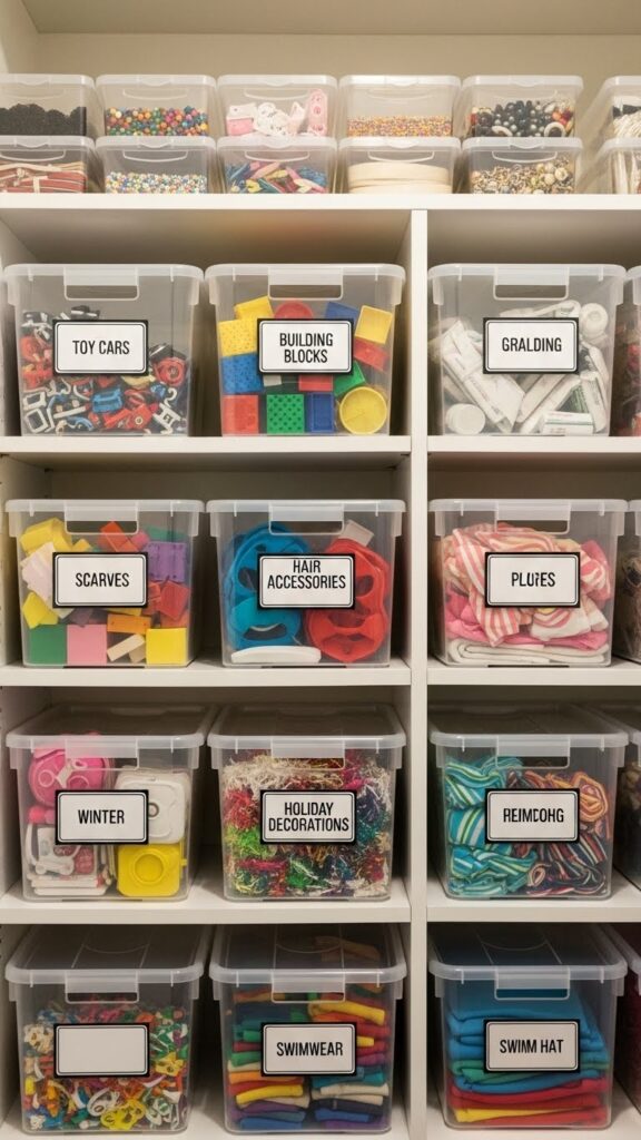 Dollar store clear plastic bins organizing kids closet items professionally