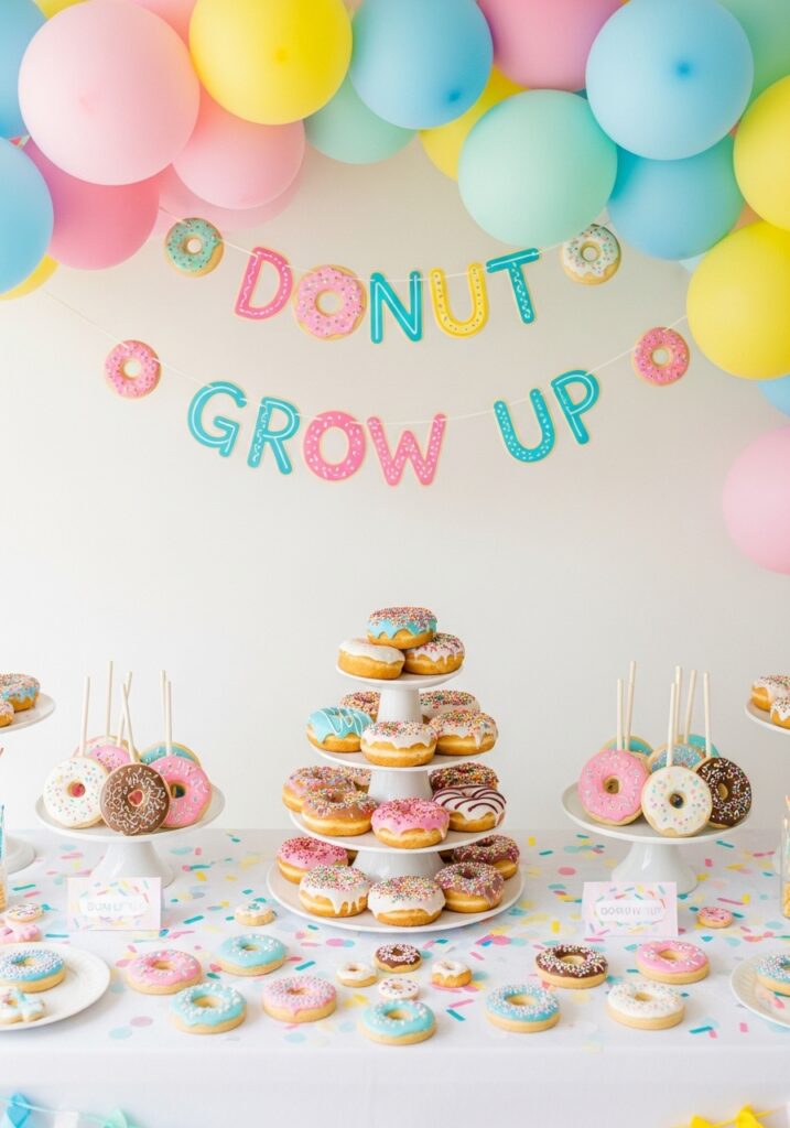 Donut grow up baby shower dessert table with colorful donuts and playful decorations