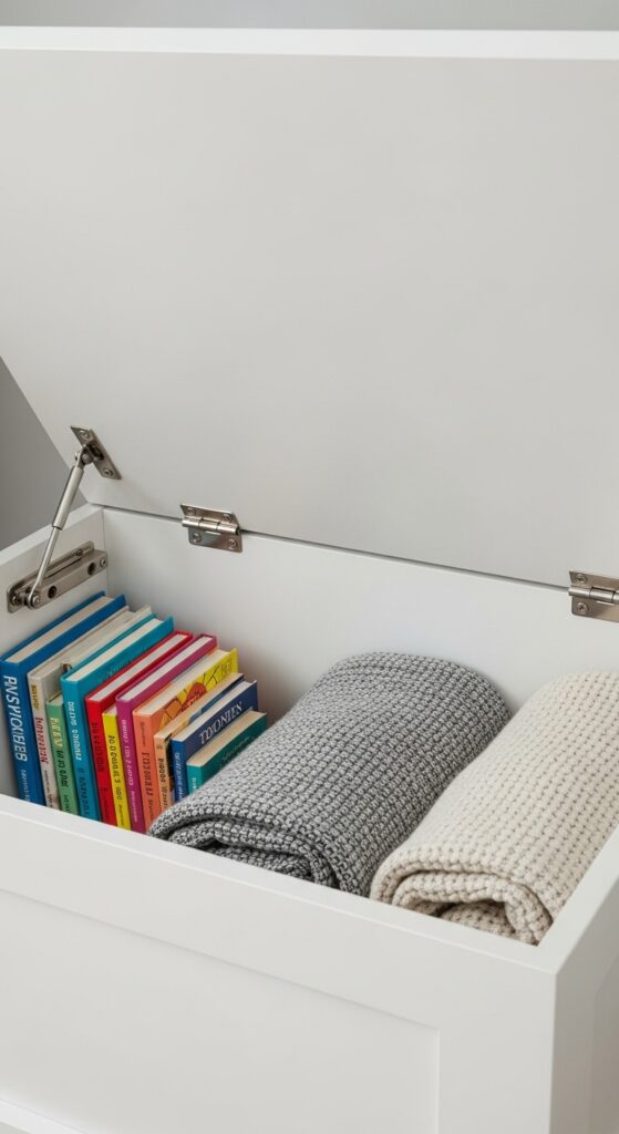 Dormer reading nook bench seat opened to show interior storage for books and blankets