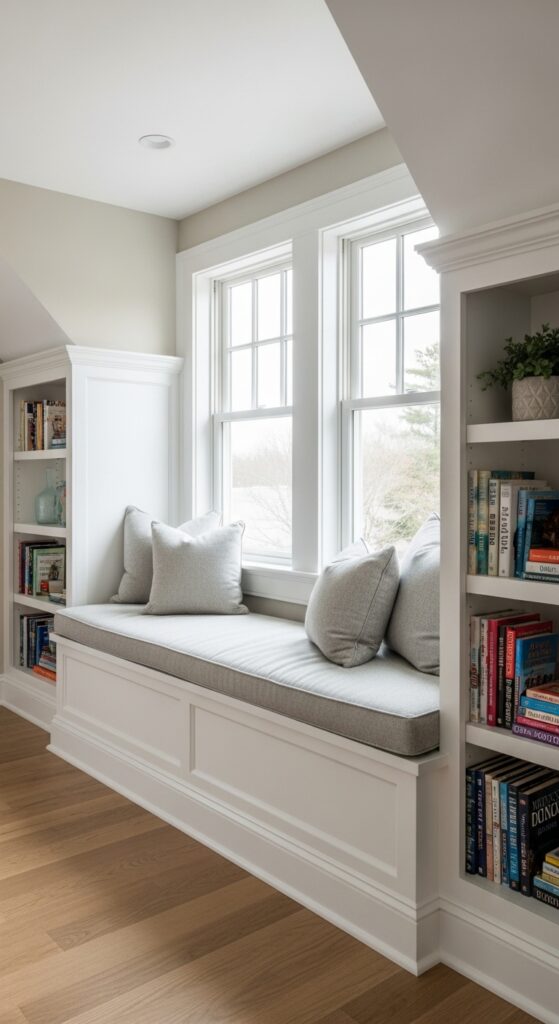 Dormer window reading nook with hinged storage bench and built-in side bookshelves