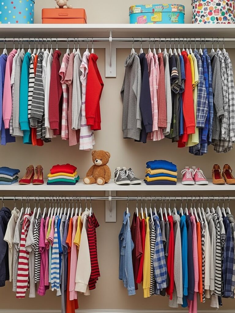 Double closet rod system in kids closet with two vertical levels maximizing hanging space capacity