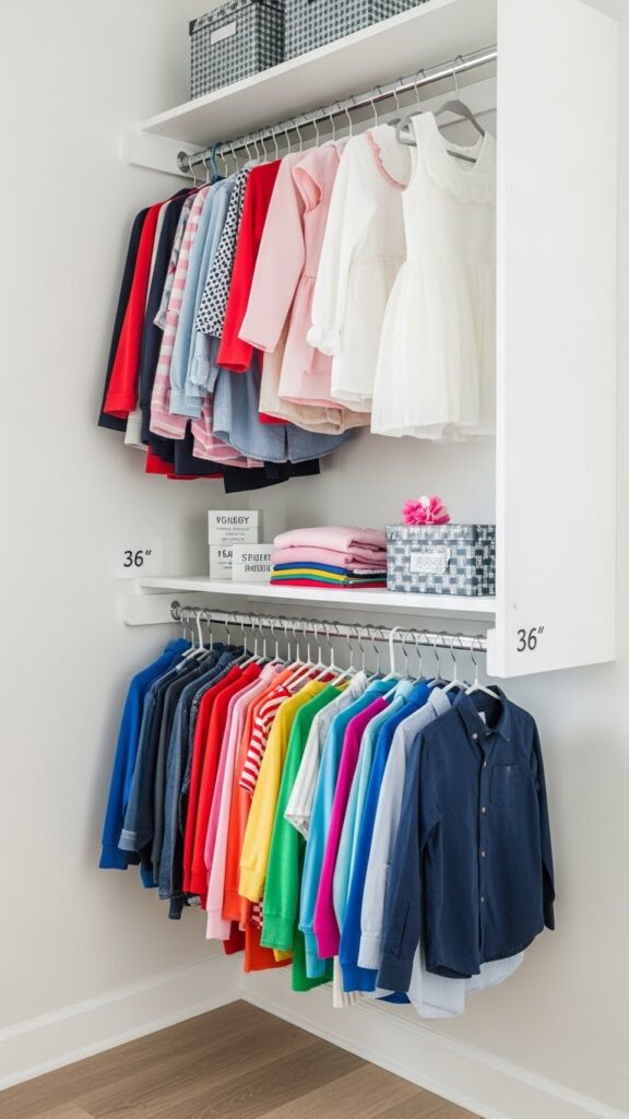 Double hanging rod system in kids closet with lower rod for easy child access