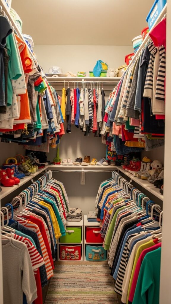 Double hanging rods in small kids closet maximizing vertical storage space with clothes on two levels